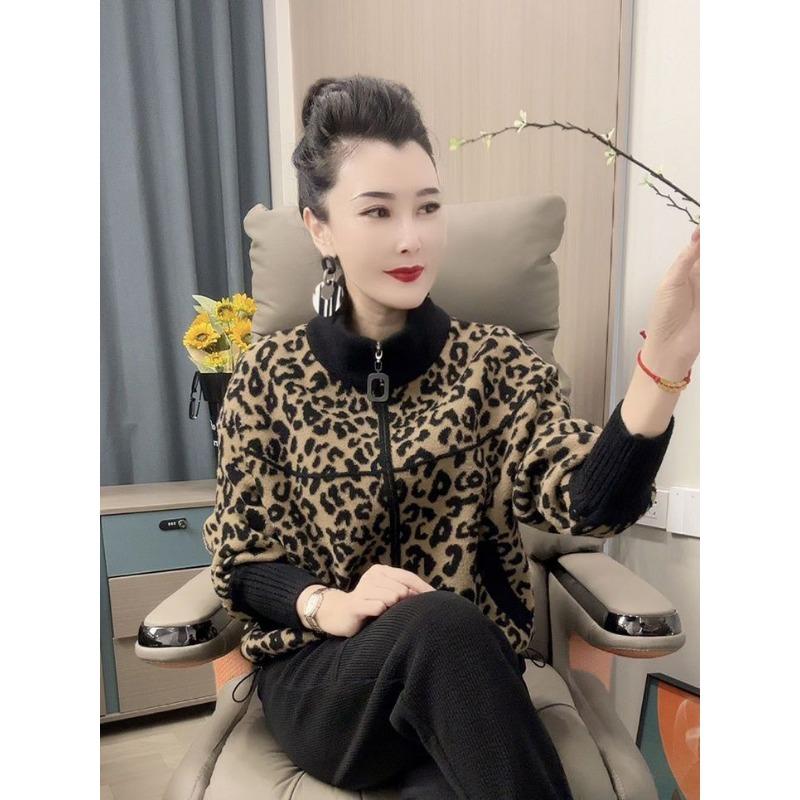 Herbst Winter Leopardenmuster Wollmantel Kurzer Stil Reißverschluss Koreanischer Stil Mode Strickjacke Top