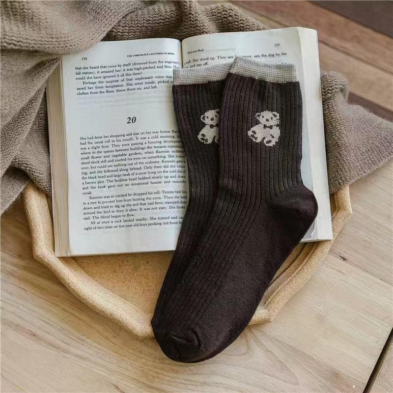 5 Pairs of Socks WOMEN'S Spring and Summer Thin Solid Color Teddy Bear Cartoon Boat Socks