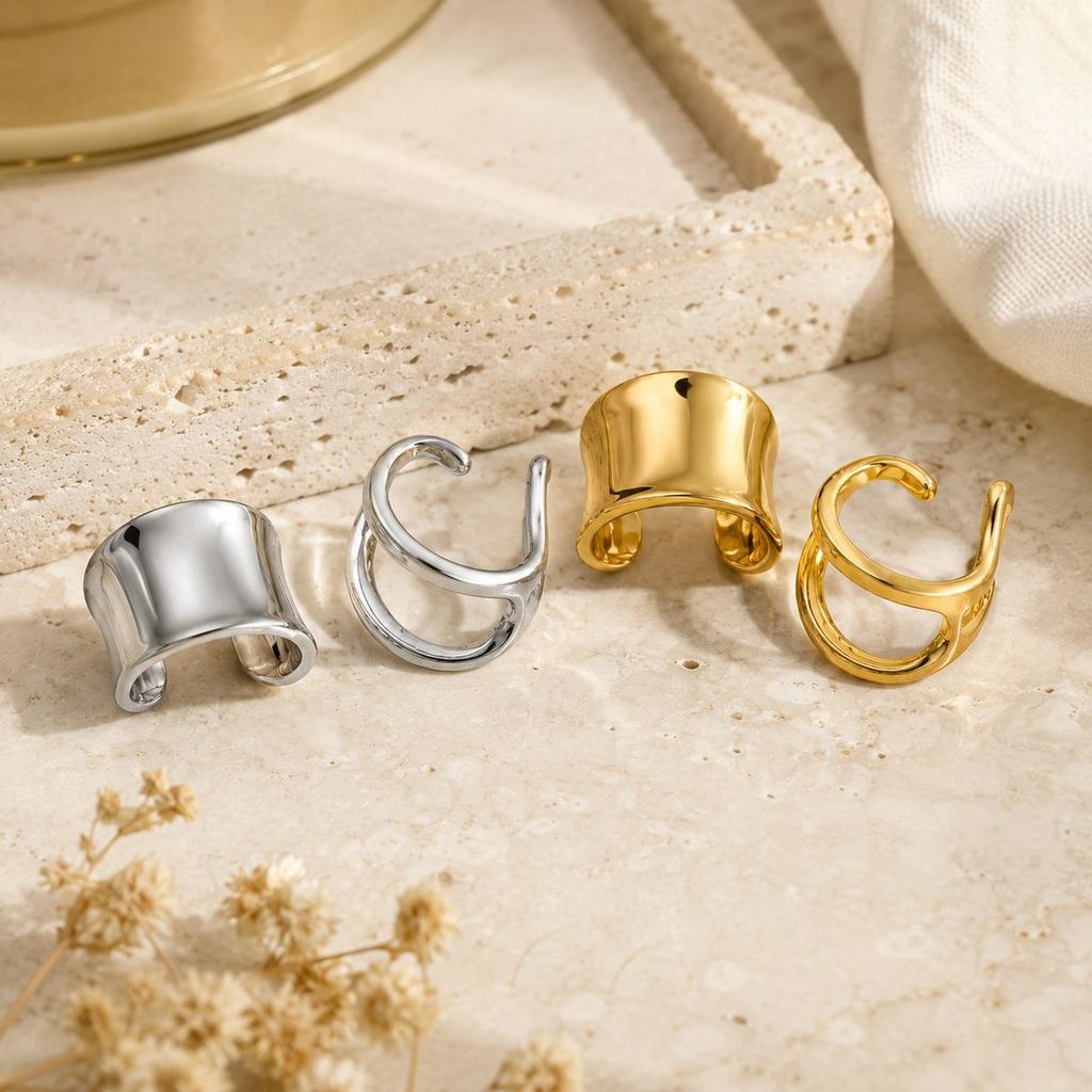 Ear Cuff Set Non Piercing for Women, Gold Plated Helix Cartilage Clip, Waterproof Wide Dome Hollow Double Row Wire Earrings
