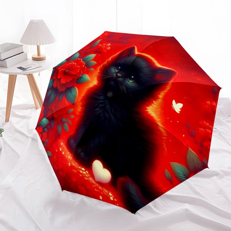 1pc Black Cat Auto-Fold Umbrella with One-Touch Open/Close - 8 Reinforced Ribs for Windproof Stability, Yy251118256