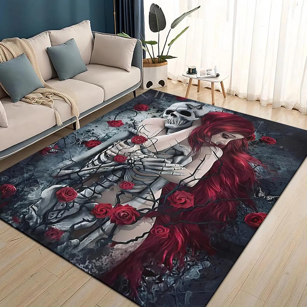 Covor Rug 3D Craniu Gotic Față Trandafir Femeie Desen Animat Groaznic pentru Sufragerie Dormitor Casă Decor Canapea, Covoraș de Podea Antiderapant pentru Copii