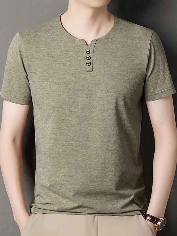 Men's Summer Crew Neck Solid Color Casual Short Sleeve T-shirt, Versatile Korean V-neck Style