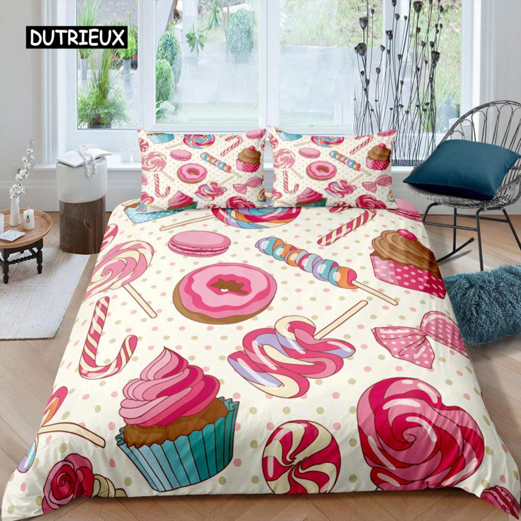 Ice Cream Duvet Cover Set Colourful Cartoon Cup Cake Cherry Lemon Fruit Bedding Set Summer Vacation Style Soft Comforter Cover