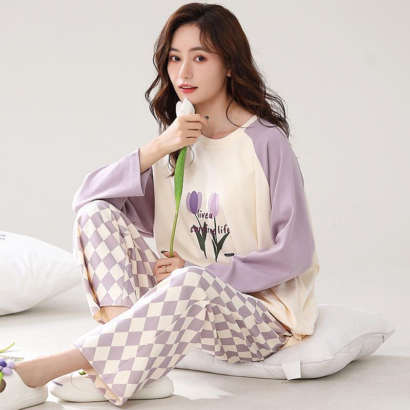 Women's pajamas spring and autumn long-sleeved trousers pure cotton two-piece suit, girls can wear cotton loungewear in autumn and winter
