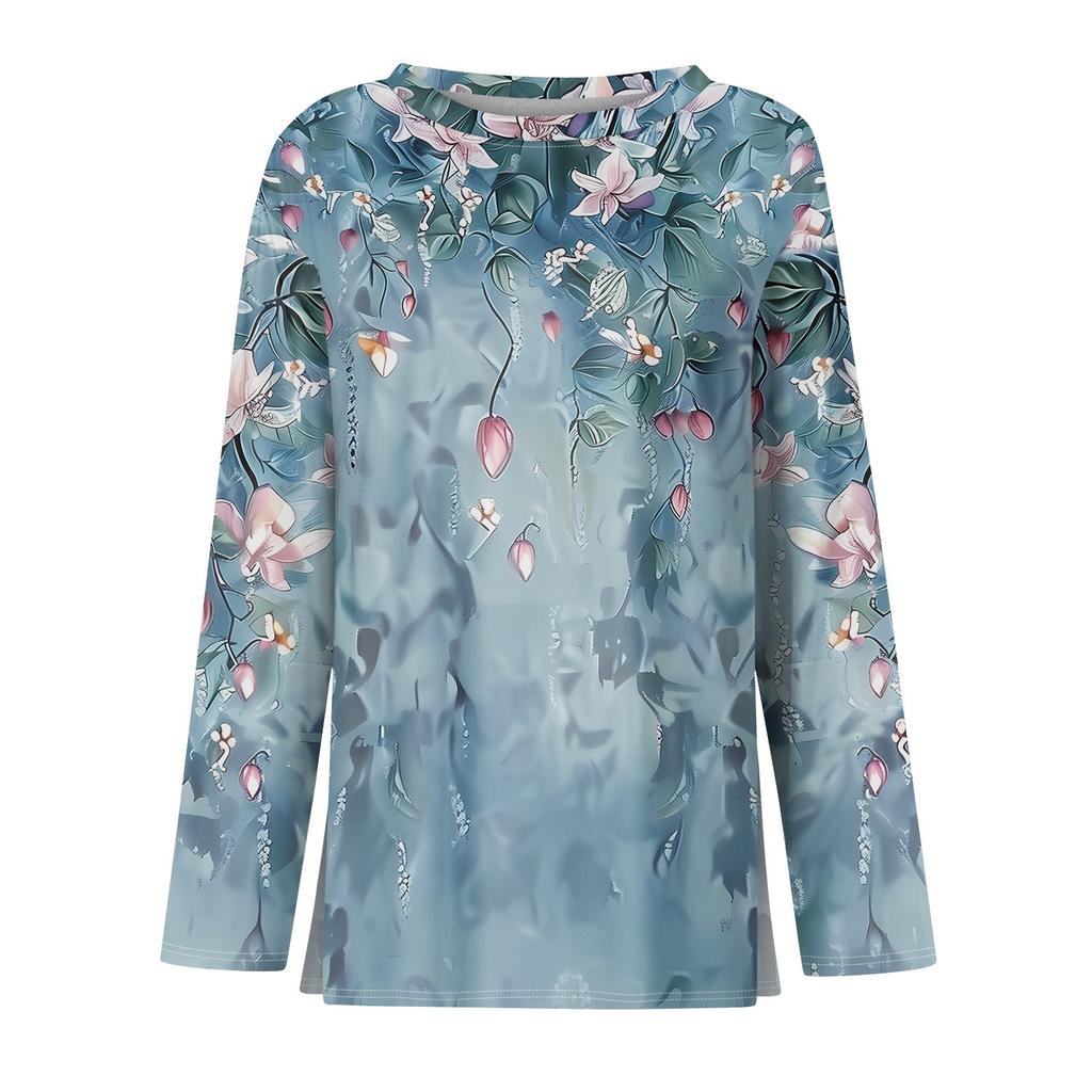 Women's Fashion Casual Slit Hem Round Neck Long Sleeve Loose Printed T-Shirt Ladies Top