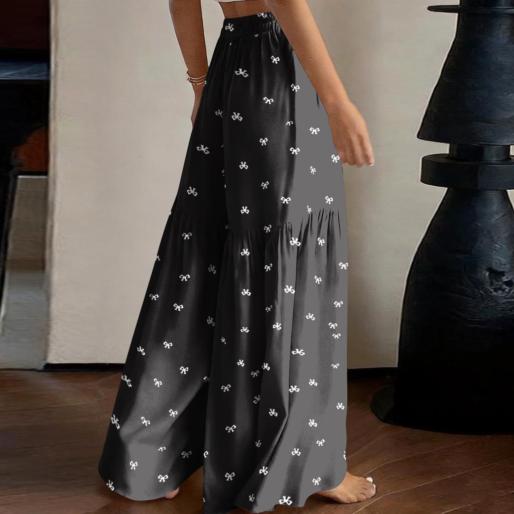 Damen High Waist Weite Beine Hose Lockerer Schnitt Leicht Fließend Bedruckte Lässige Hose Elastischer Bund Palazzo Hose