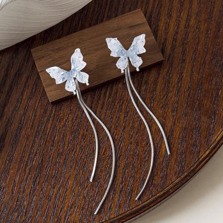 Mori Gradual Change Blue Butterfly Fringed Earrings Women, the New Simple Face Thin Long Earrings