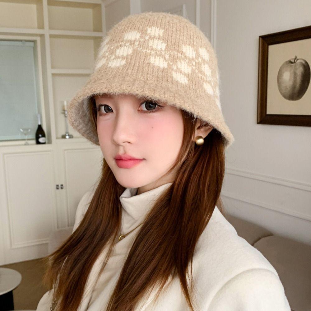 Sweet Floral Knitted Bucket Hat Retro Warm Fisherman Hat Jacquard Woolen Hat  Autumn and Winter
