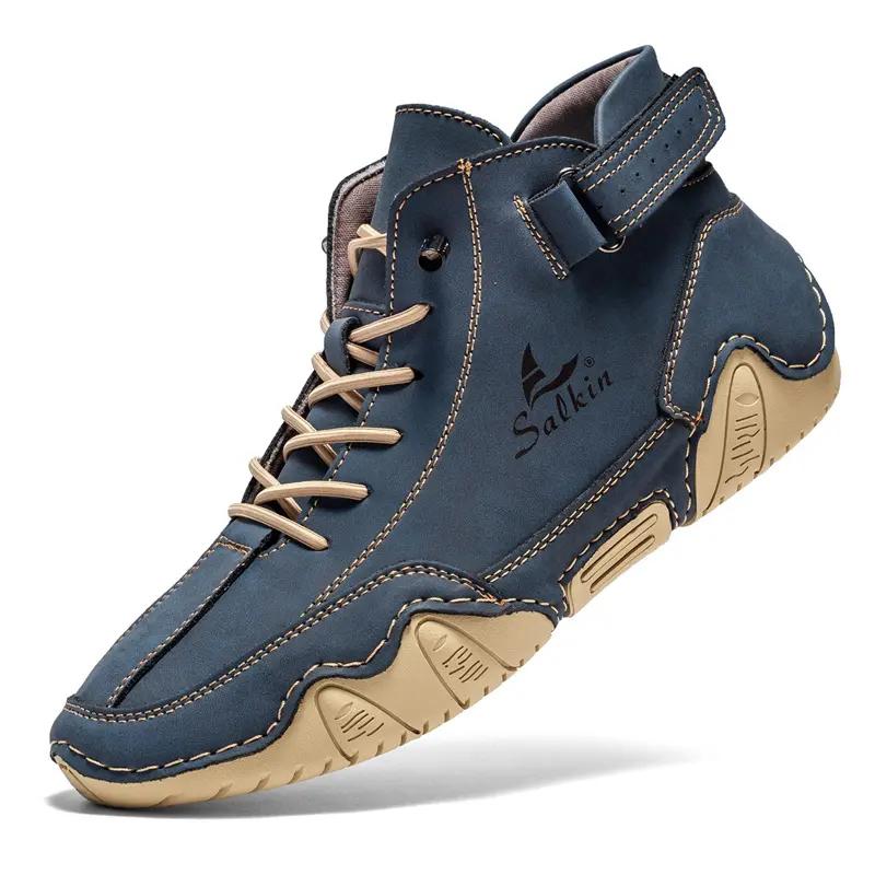 Herren Übergröße Handgefertigte Spaltlederstiefel Herrenschuhe Bequeme Stiefeletten für Herren Freizeitschuhe 41 blau