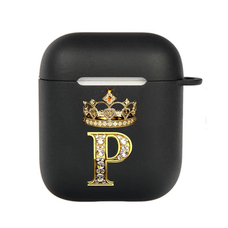 Diamond Crown Letter 26 With Hook Case For AirPods 2 3 1 Cases For Apple AirPods Pro 2 Coque Black TPU Soft Earphone Cover