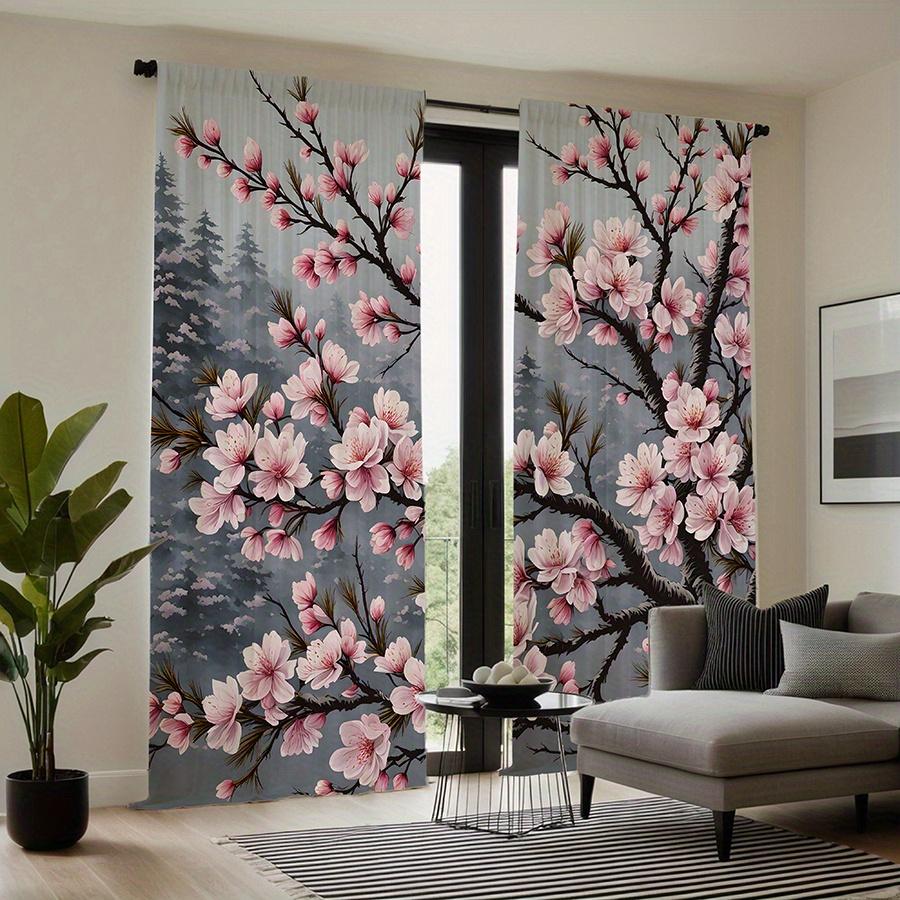 2pcs Cherry Blossom Print Curtains - Light Filtering, Rod Pocket Design, Polyester Microfiber, Floral Pattern for Living Room &