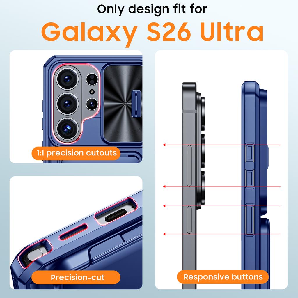 Mit Kartenhalter, Schiebefach für die Kamera und Ständer für Samsung Galaxy S26 Ultra Handyhülle, Anti-Fall PC+TPU Wallet Hülle - Blau