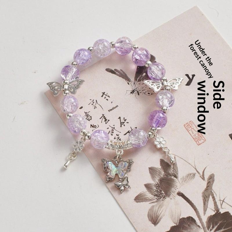 Sweet Chinese Style Butterfly Beaded Bracelet For Women Temperament Colorful Glass Beads Elastic Rope Bracelets Jewelry Gifts