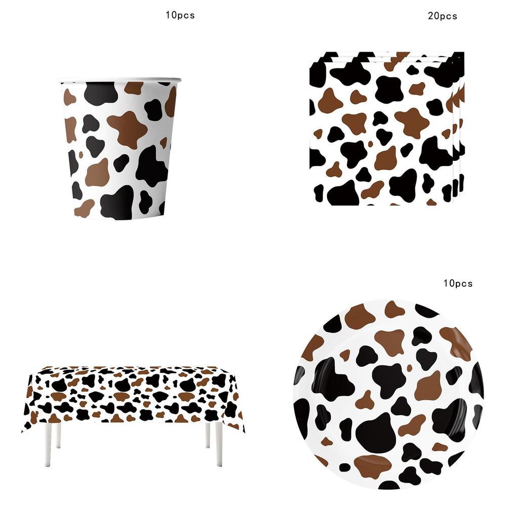 High-quality Party Tableware Set Black Brown Cow Print Paper Plates Cups And Utensils