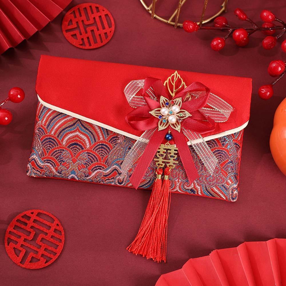 New Year Blessing Words Brocade Red Envelope Brocade Cloth Tassel New Year Money Bag  Party Gifts