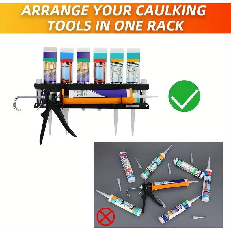 1Pc Heavy-Duty Metal Caulking Gun And Tube Organizer - Wall-Mounted Grooved Rack, Holds 6 Tubes And Nozzles, Space-Saving For Garage, Workshop, Store