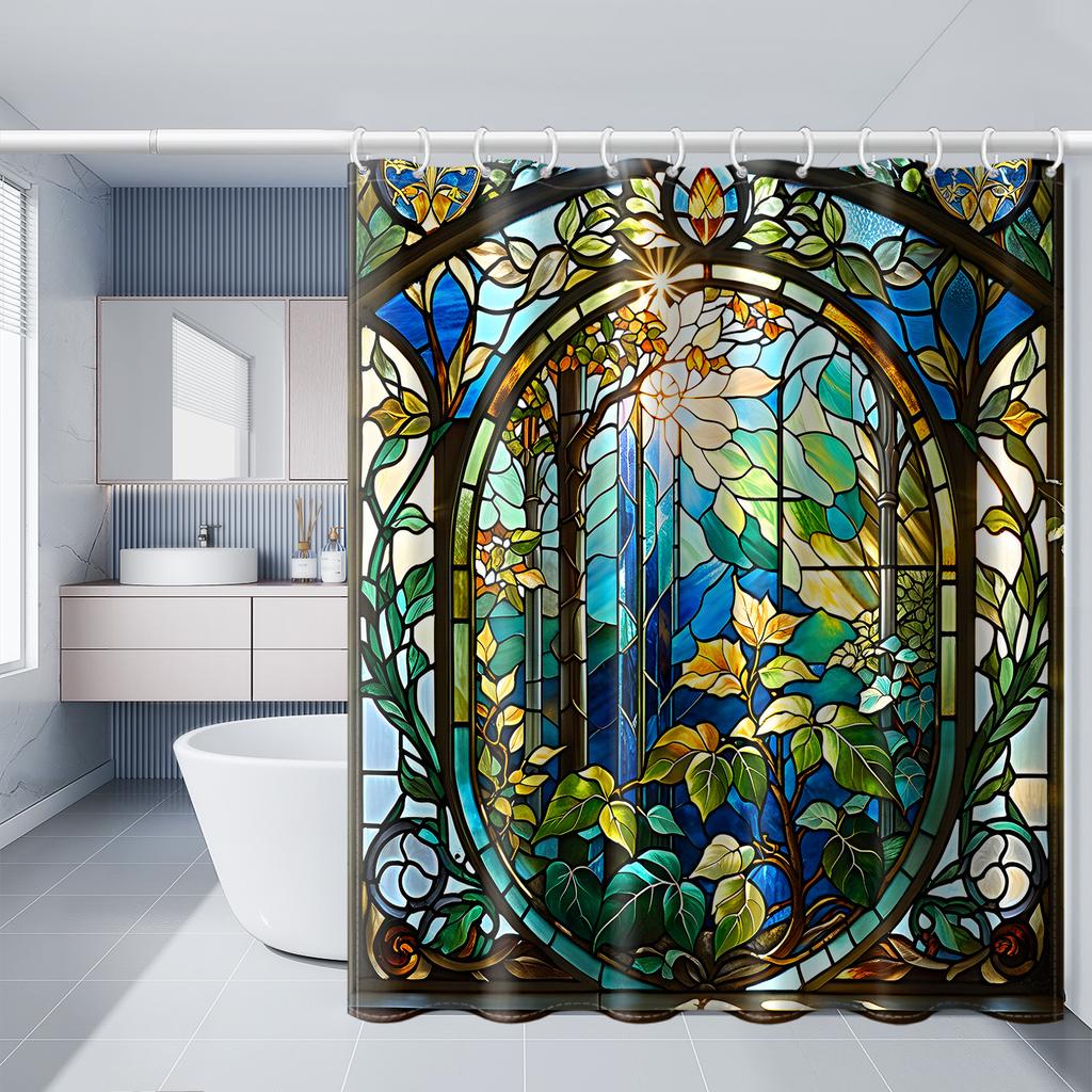 Enchanted Forest Stained Glass Shower Curtain - Whimsical Bath Decor, Perfect for Those Who Love Nature-Inspired