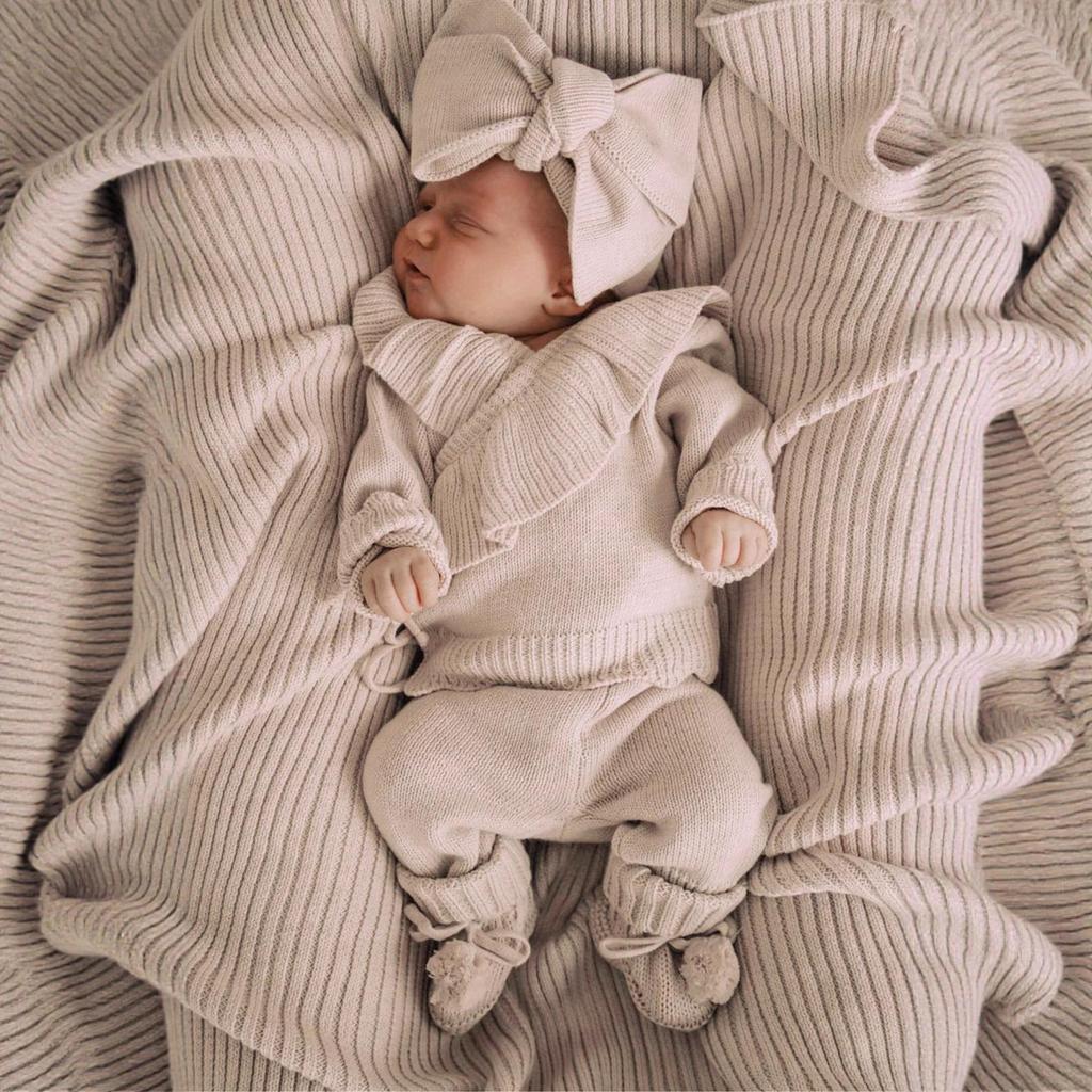 Autumn & Winter Baby Girls Long-Sleeved Sweater and Pants Set with Ruffle Knit Cardigan, Outerwear & Headband, European & American Style