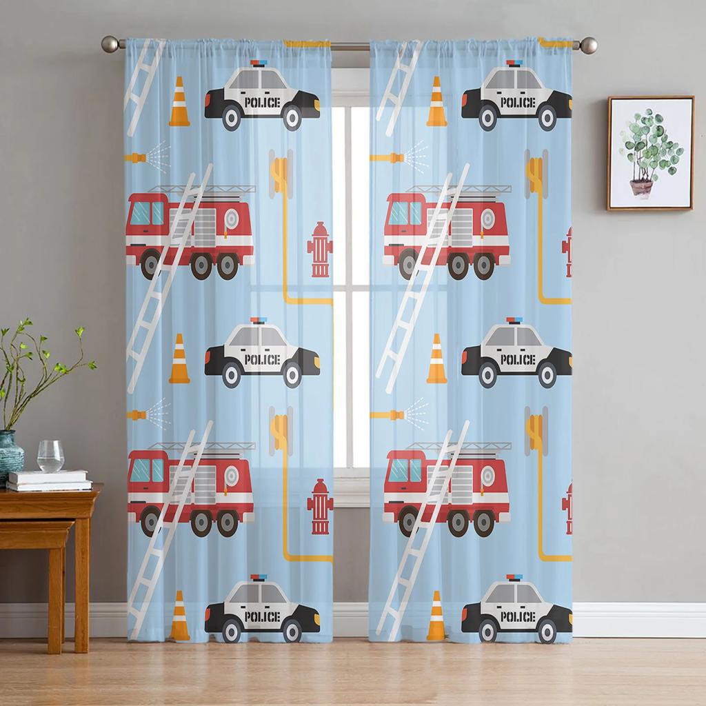 Cartoon Fire Truck Ambulance Police Car Tulle Curtains Living Room Decoration Chiffon Voile Kitchen Bedroom Curtain With Light Filtering Polyester