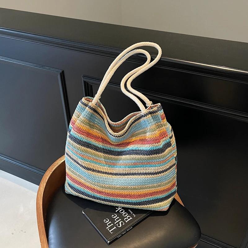 Summer Straw Woven Large Capacity Shoulder Bags  Sale Beach Commuting Sweet Handbag 2026  Colorful Stripes Ladies Bags