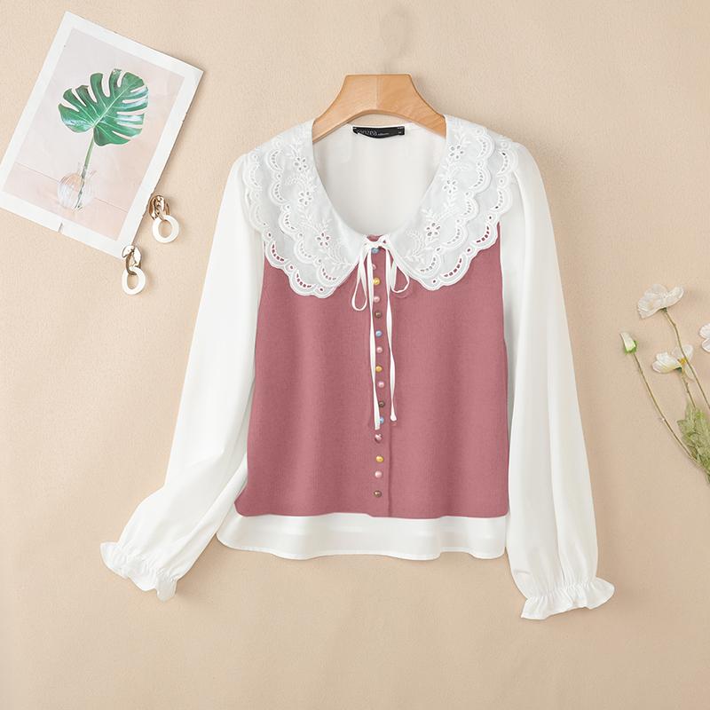 ZANZEA Women Lace Crochet Splice Doll Collar Long Sleeve Patchwork Blouse