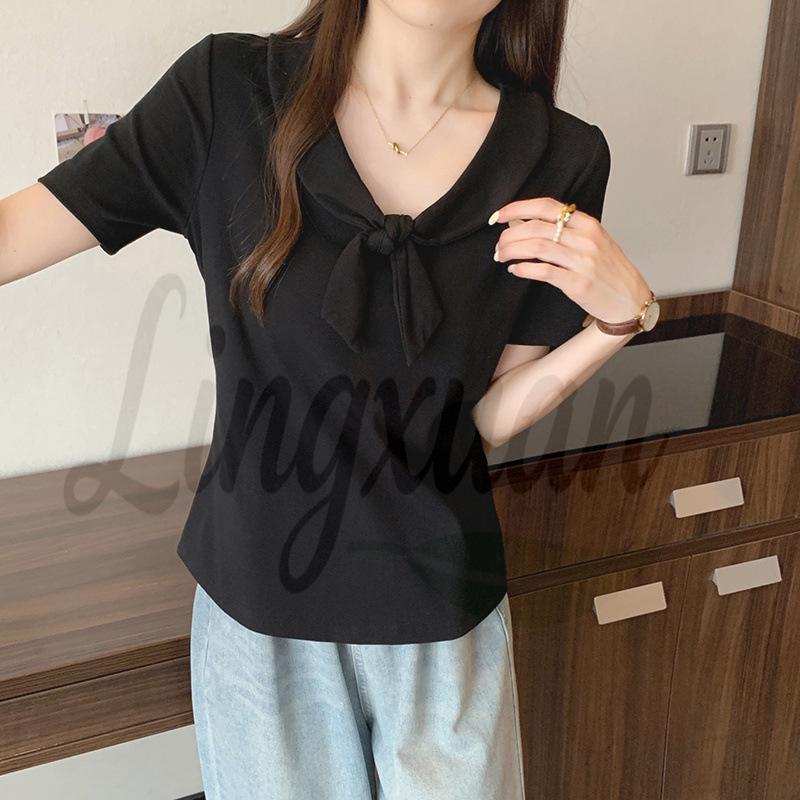 Plus Size Navy Bow Collar Short Sleeve Women s Summer Top 3XL Plus
