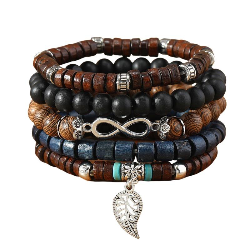 

Летняя новинка, распродажа, горячо продаваемый литературный и ретро стиль, браслет из многослойных бусин с деревянными бусинами и листьями в форме восьмерки разноцветный