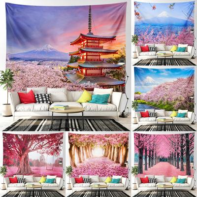 Pink Cherry Blossom Tree Mountain Forest Wall Tapestry Home Decoration Living Room Bedroom Background Hanging Cloth