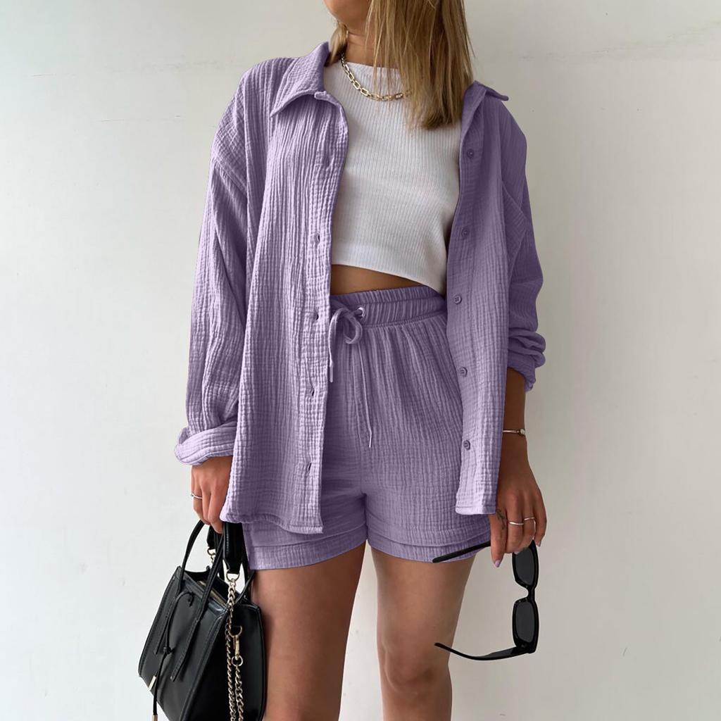 Two Piece Women's Summer Muslin Blouse Shirt And Shorts Clothes Two Piece Set Beach Outfit Set Two Piece Set Women