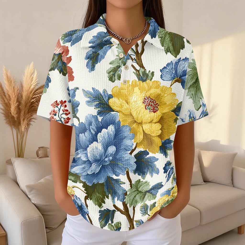 Womens Casual Short Sleeve Retro Floral Print Waffle Knit Polo Shirt Lightweight Button Down Top