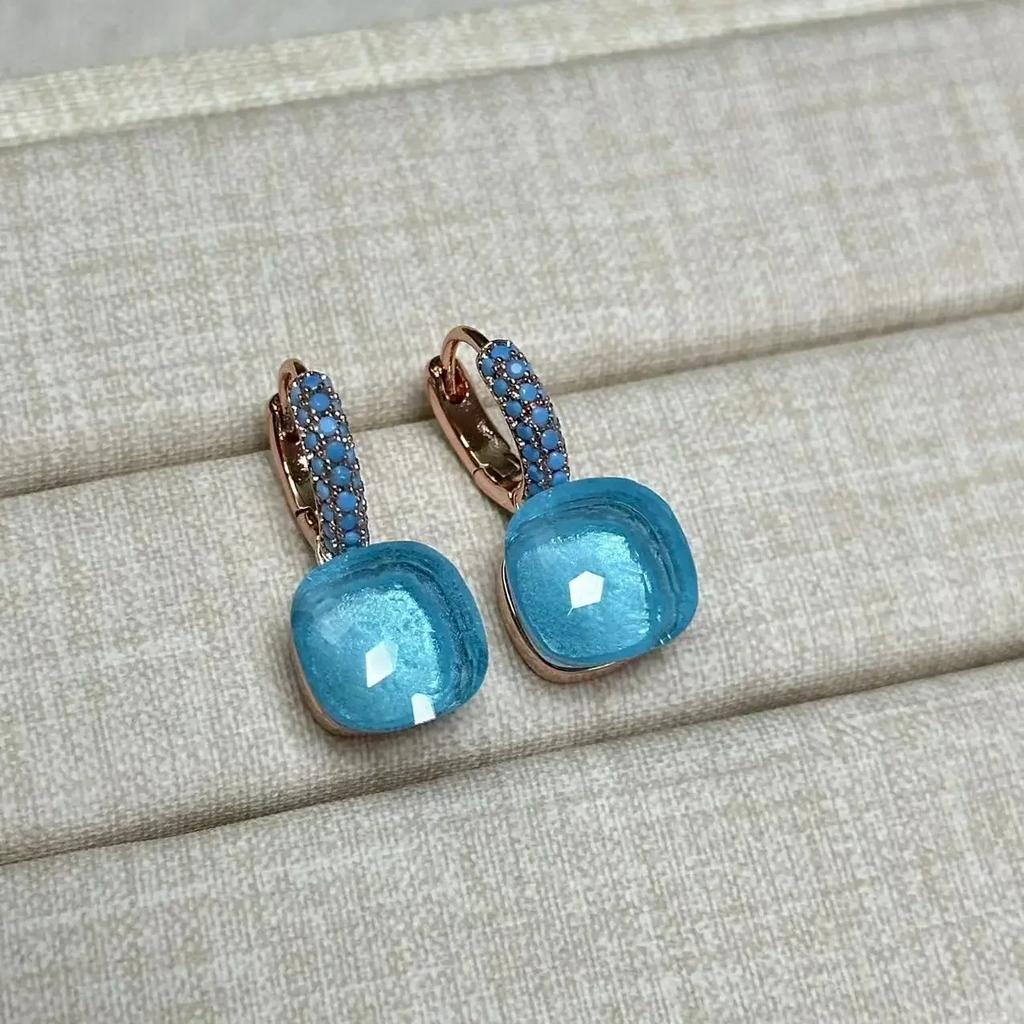 Boucles d'oreilles Nudo 10,6 mm Incrustées de Turquoise Zircon Pour Femmes Topaze Bleue Pendantes Carrées en Cristal Boucle d'oreille Bijoux de Mode Cadeau