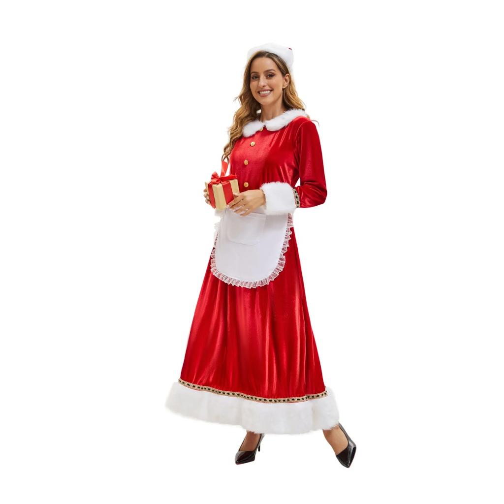 LYRIA New Christmas Adult Plush Edge Dress Women's Holiday Party Costume Santa Claus Cosplay Hat Apron Set Performance Costume