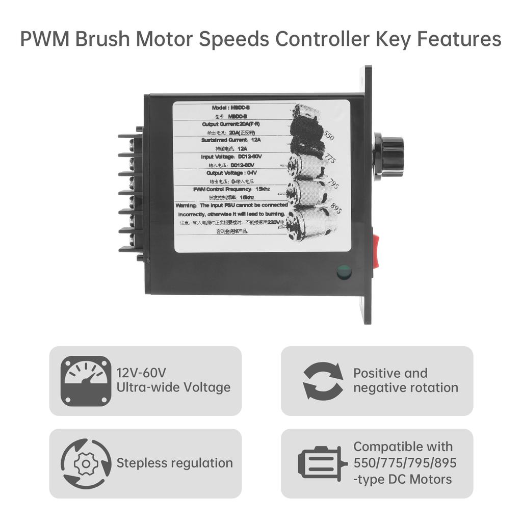 12-60V 20A DC PWM Brush Motor Speed Controller Reversible Switch Forward Inverse for 550 775 795 895 Motors