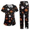 Women's Halloween Print Scrub Set V-Neck Short Sleeve Top with Pocket and Pants 2-Piece Uniform
