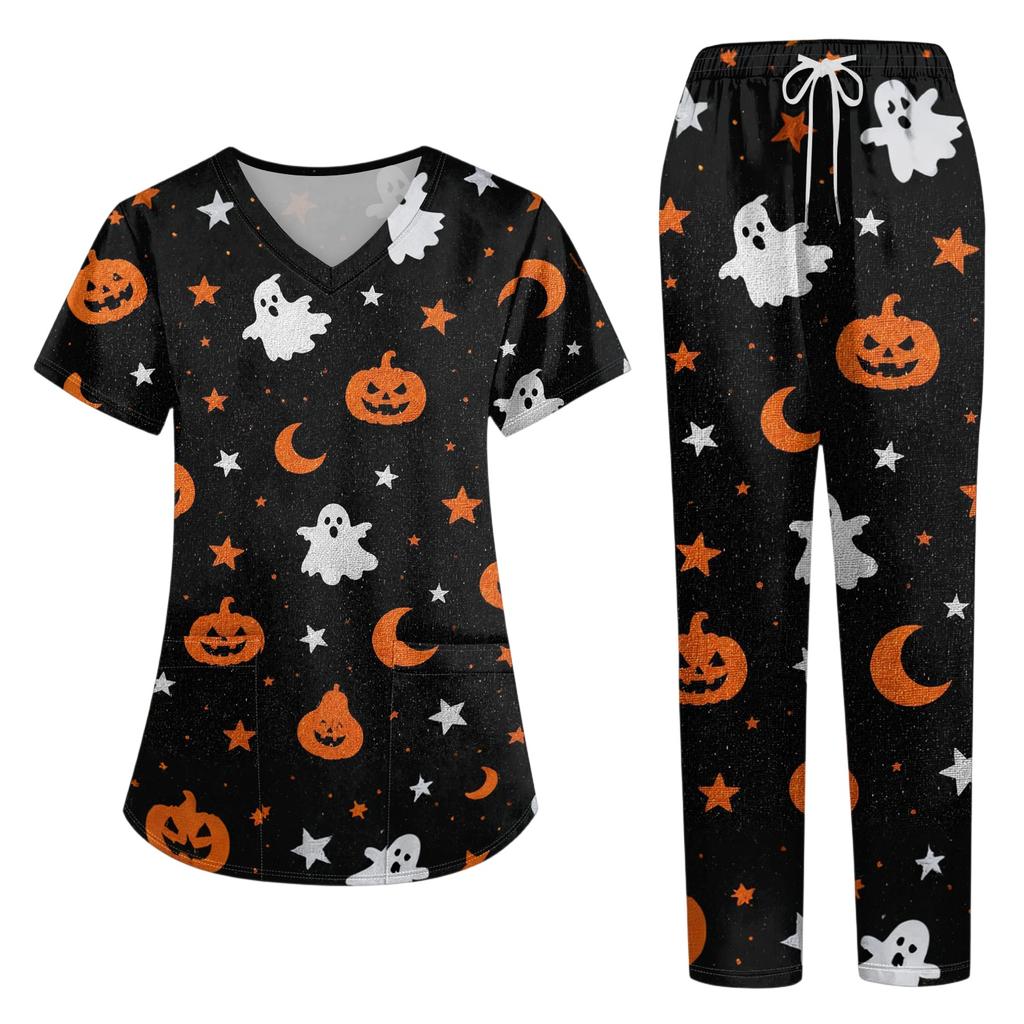 Women's Halloween Print Scrub Set V-Neck Short Sleeve Top with Pocket and Pants 2-Piece Uniform