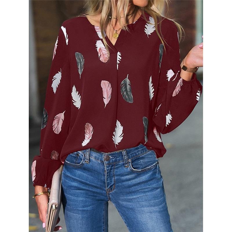 New European And American Women's V-neck Feather Print Long-sleeved Loose T-shirt Large Size Casual All-match Top