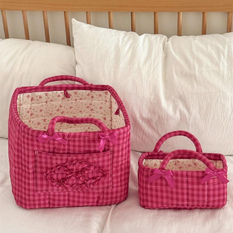 Portable Home Storage Basket Foldable Red Grid Organizers Basket with Handle for Snack Clothes Toys Storage Basket Ins Handbag
