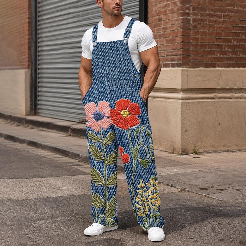 Men's Loose Fit Cargo Overalls Wide Leg Jumpsuit with Multi-Pocket Utility Pockets