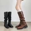Cowhide version retro platform boots women's two wear belt buckle pile boots thick heel versatile tall western cowboy boots