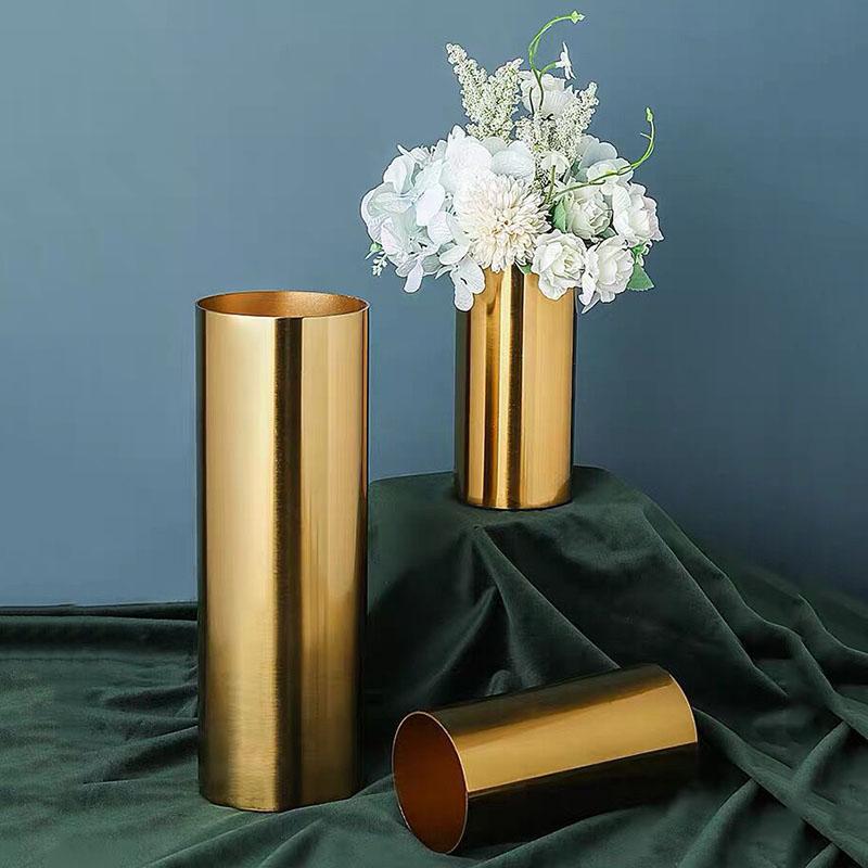 Gold Plated Cylinder Vase Desk Decoration Crafts Minimalist Vases Flowers Pots Decorative Flower Arrangement Modern Home Decor