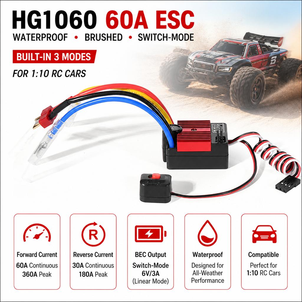 HG1060 60A Waterproof Brushed ESC 3 Modes Switch Mode BEC 6V 3A Auto Throttle Calibration For 1 10 RC Crawler Offroad Vehicle