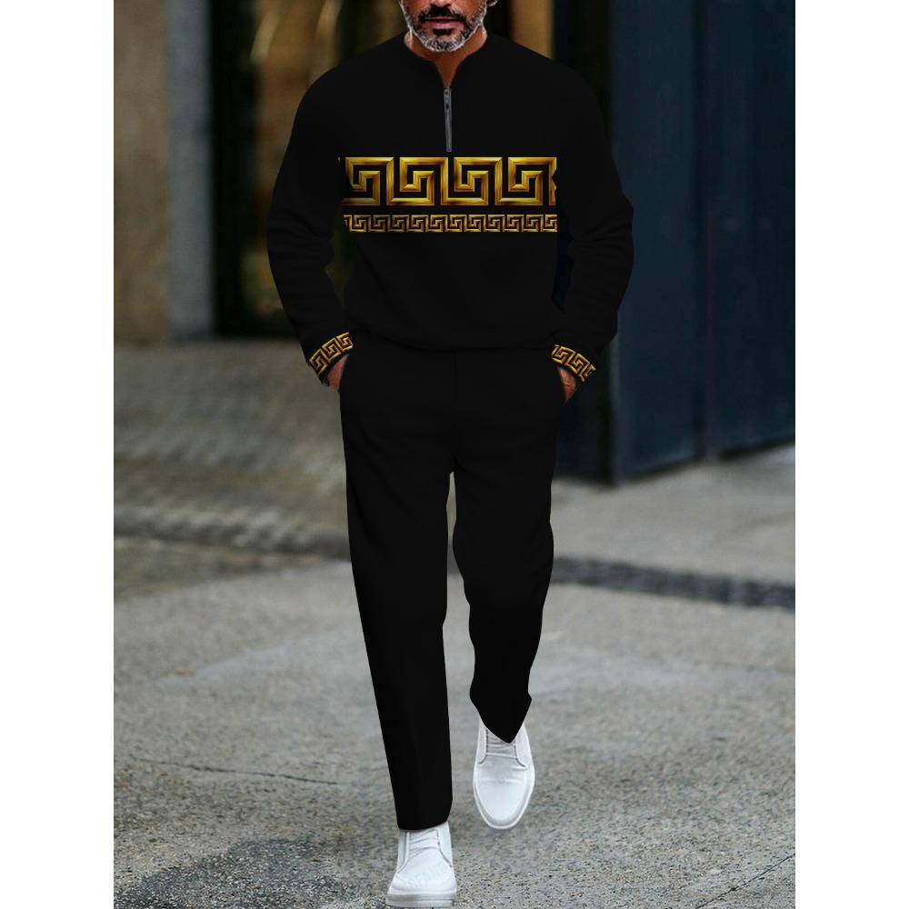 Spring Autumn 3D Printed Fashion Cool Men's Long-Sleeved Sets Half-Zipper Stand-Up Collar Men's Casual Sportswear Two-Piece Set