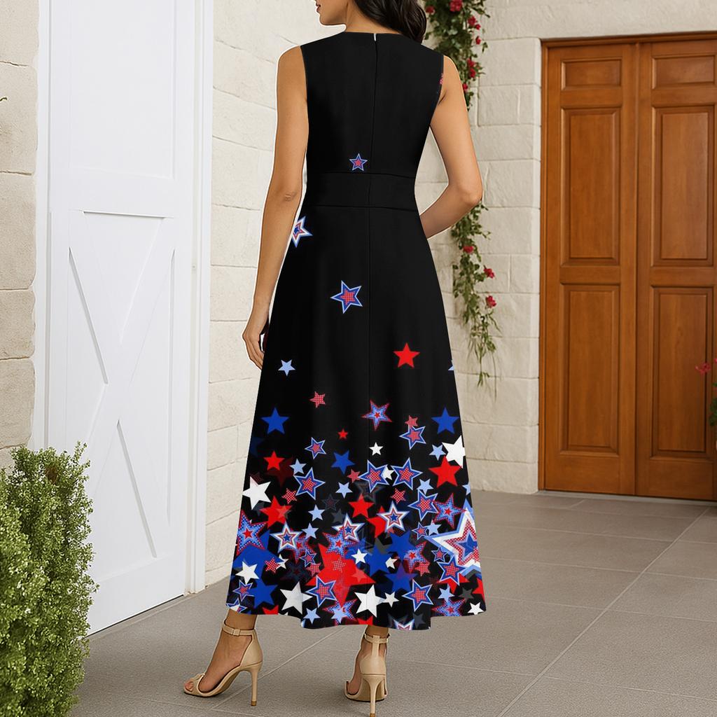 Sleeveless V Neck Maxi Dress with Independence Day Print and Pattern for Women Holiday Wear