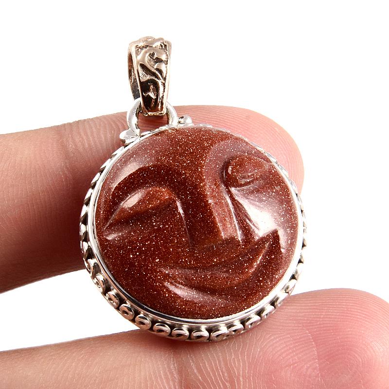 Natural Sunstone Face Gemstone 925 Sterling Silver Two Tone Pendant 1.4'' V7i43
