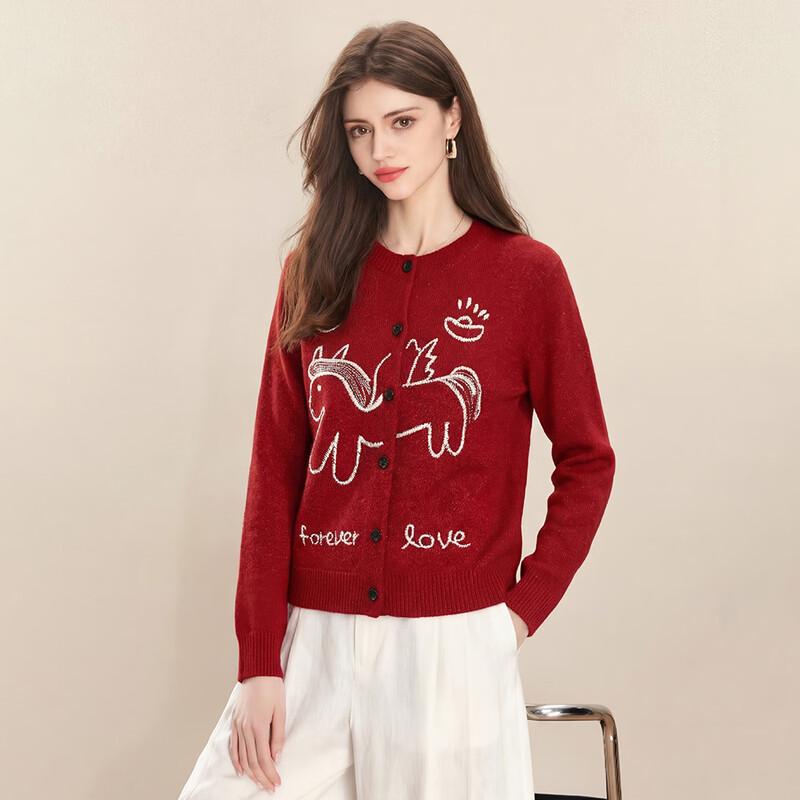 

She Pond Lucky Red Embroidered Knitted Cardigan One Size