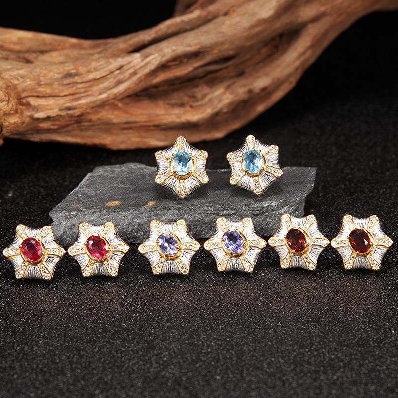Premium S925 Sterling Silver Natural Gemstone Colored Treasure Stud Earrings Color Separation Does Not Fade Jewelry