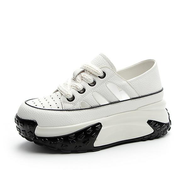Fashion 7CM Air Mesh Genuine Leather Platform Wedge Chunky Sneaker Hollow Lace Up Fashion Women Summer Vulcanize Breathable Shoes