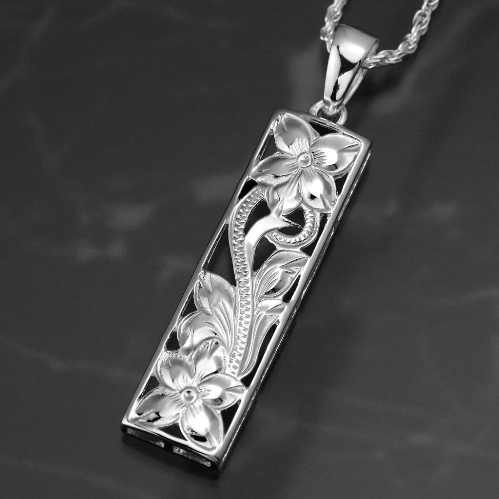Leilani Hawaiian Jewelry Scroll Plumeria Openwork Plate Silver Necklace Pendant for Men, 925 Sterling Silver (Includes 55cm Rope Chain)