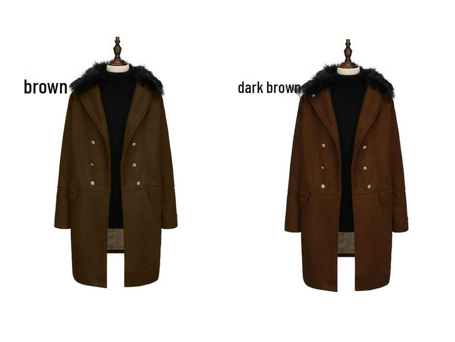 2024 Autumn/Winter European Casual High-Quality Double-Breasted Slim Fit Wool Coat with Fur Collar