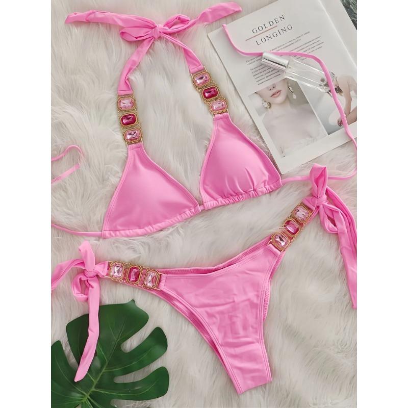 Sexy Rhinestone Bikini Set Women 2025 Luxury Pink Crystal Diamond Push Up Bandage Thong Swimsuit Beach Bathing Suit Swimwear